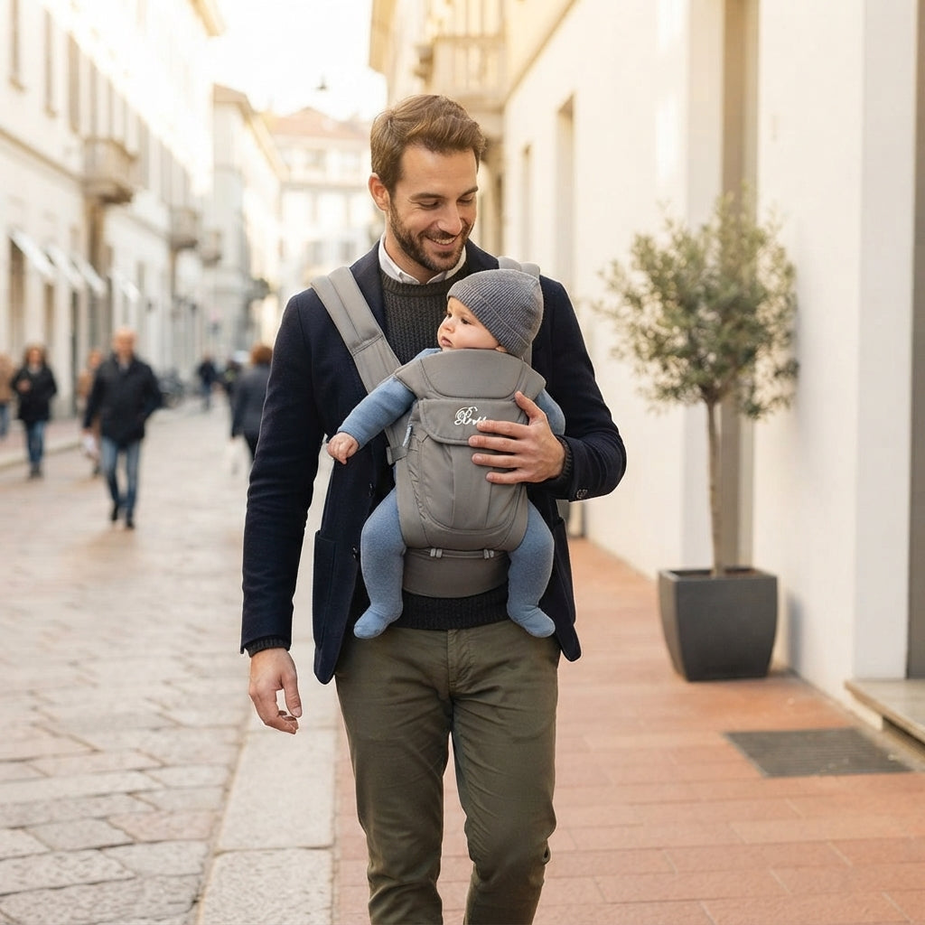 Italian father walking outdoors in a city street while wearing a comfortable ergonomic baby carrier.