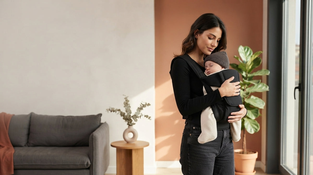 A parent wearing an ergonomic baby carrier in a bright, modern, minimalist urban living space.