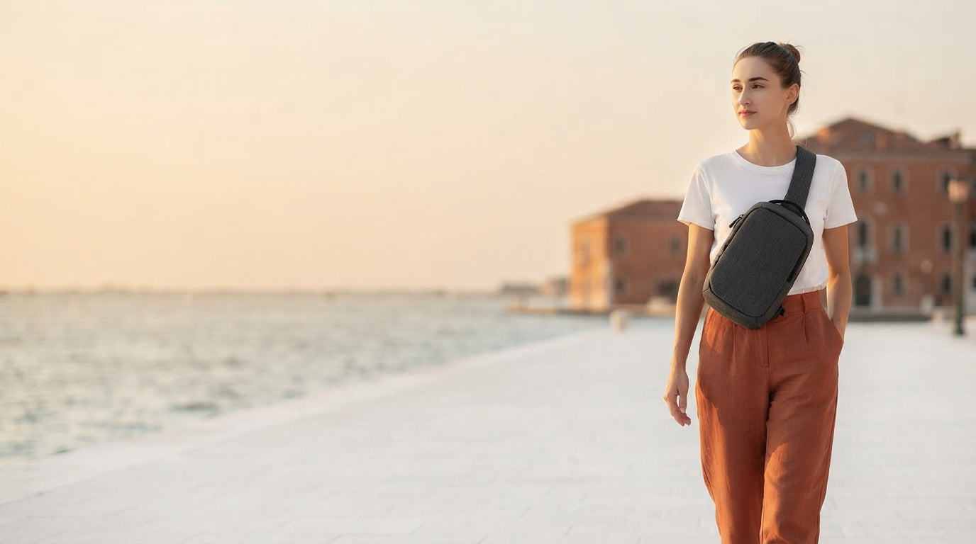 A person wearing a charcoal crossbody bag walking along a sunlit coastal promenade with a clean, minimalist background.
